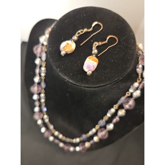 Purple & Silvertone Set Of 2 Necklaces 1, 16" Other 20" & Purple Stone Earrings - Picture 9 of 9